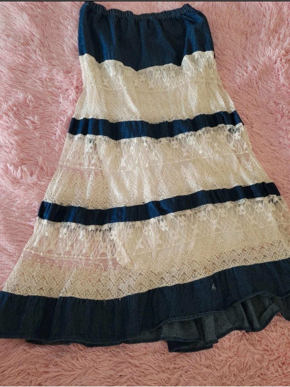 new directions Navy and Cream Lace Tiered Maxi Skirt with Stripes